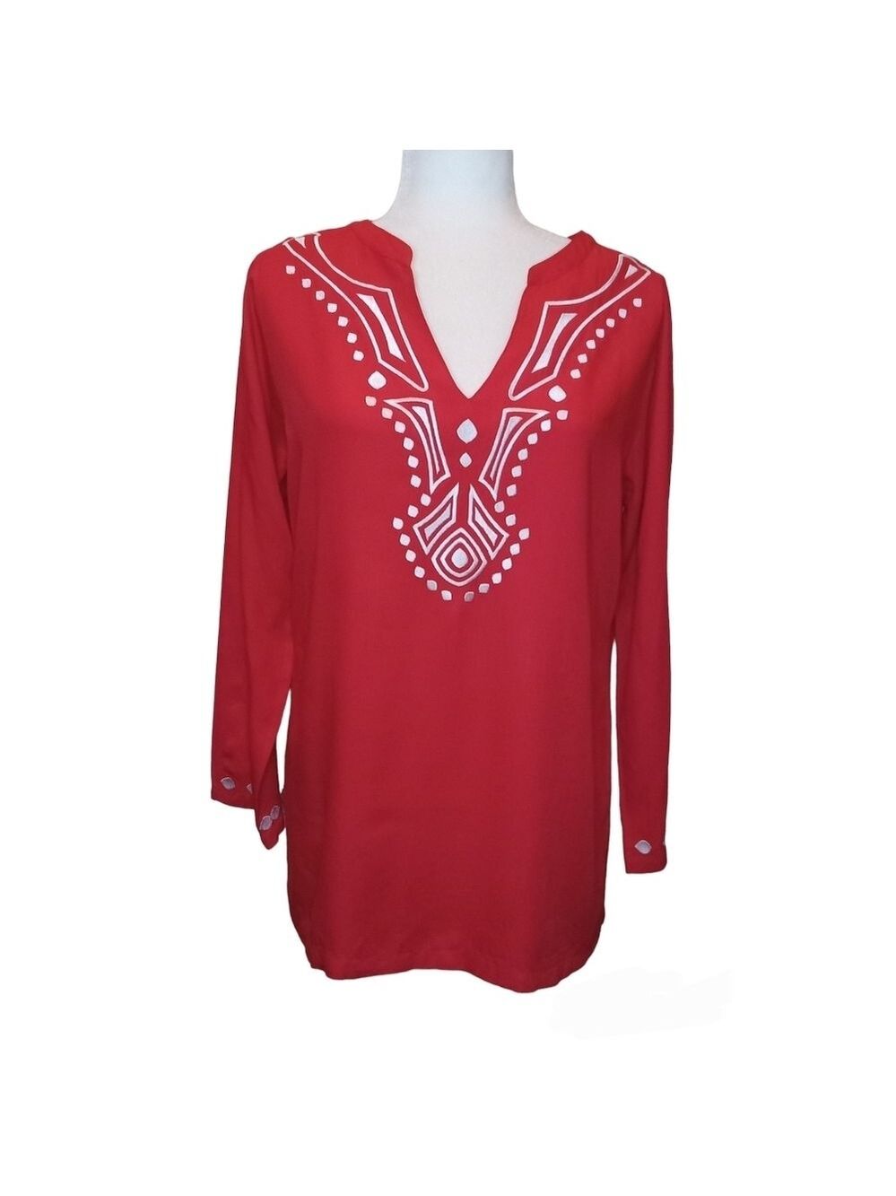 ESCAPADA RED  LONG SLEEVE EMBROIDERED TUNIC TOP - Like new  SIZE S